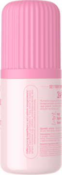 Tył białego dezodorantu w kulce z różową, prążkowaną nakrętką. Widoczny polski tekst o użytkowaniu i składzie.