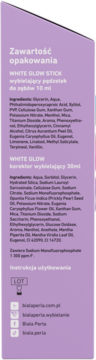 Bok opakowania White Glow Stick, fioletowo-różowy, z listą składników wybielającego pędzelka i korektora.