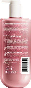 Tył różowego balsamu regenerującego 350 ml, z opisem składników aktywnych: kwas hialuronowy, ceramidy, CICA.