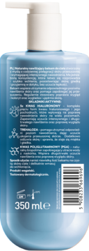 Tył niebieskiej butelki naturalnego balsamu nawilżającego z pompką, widoczne polskie etykiety i skład.