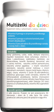 Tył opakowania Multiżelków dla dzieci, suplementu diety. Widoczna etykieta ze składnikami: żelatyna wieprzowa, witaminy A, D, E.