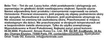 Etykieta Bebe Tint, tint do ust, z polskim opisem pielęgnacji, powiększenia i użycia, czarny tekst na białym tle.