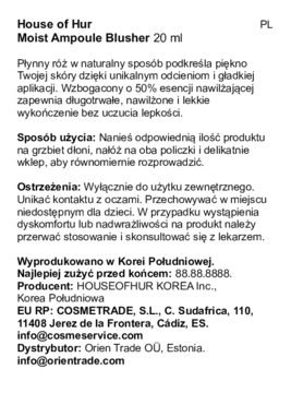 Biała etykieta House of Hur Moist Ampoule Blusher 20 ml z polskim opisem, użyciem i ostrzeżeniami.