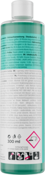 Zielony płyn OH MY WASH! 300 ml do prania butów, tył butelki z niemiecką etykietą i symbolami.