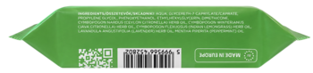Tył zielonego opakowania chusteczek Tickless Outdoor Citronella, z kodem kreskowym i drobnym tekstem. Biodegradowalne.