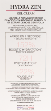 Tył opakowania Lancôme Hydra Zen Gel Cream. Widoczne hasła: ukojenie w 1s, 152% nawilżenia, -22% zaczerwienienia.