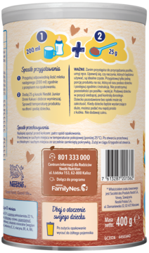 Tył puszki napoju zbożowego Nestlé Junior Kakao 400g. Instrukcje przygotowania i dane kontaktowe.
