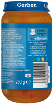 Tył szklanego słoiczka Gerber Zupa Gulaszowa 250g dla dzieci 12m+ z ALA Omega3, z polskimi etykietami.