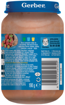 Tył szklanego słoiczka Gerber, deserek dla dzieci makaron z truskawkami. Niebieska etykieta, kod kreskowy, 190g.