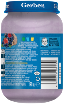 Tył słoiczka Gerber, deserek makaron z owocami leśnymi, bananami i twarożkiem 8m+, niebieska etykieta z tekstem.