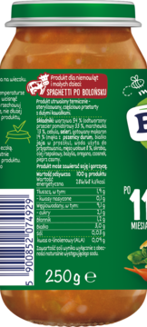 Tył zielonej etykiety słoiczka BoboVita Spaghetti po Bolońsku dla dzieci, z tabelą wartości odżywczych i kodem kreskowym.