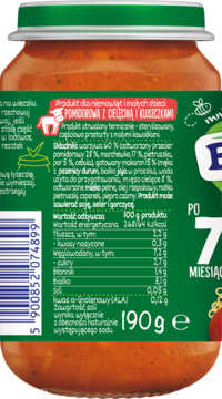 Słoiczek BoboVita: mus pomidorowy z cielęciną dla dzieci 7m+. Widok z tyłu z etykietą i składem, 190g.