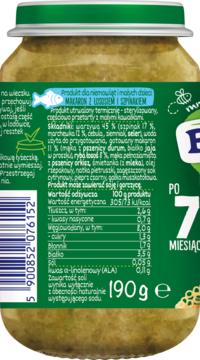 Tył słoiczka BoboVita Makaron z łososiem i szpinakiem dla niemowląt, etykieta ze składnikami i wartościami odżywczymi.