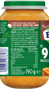 Tył słoiczka BoboVita: kasza bulgur, indyk, dynia, mango. Widoczny skład, tabela wartości, dla dzieci 9+ miesiąca.