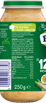 Tył opakowania słoiczka BoboVita Zupa Kalafiorowa z żółtkiem i ziemniakami, z listą składników i wartościami.