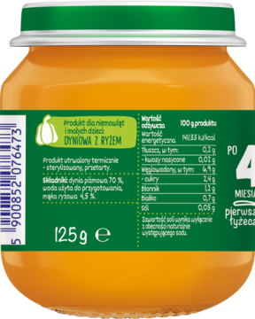 Tył słoiczka Bobovita Dyniowa z Ryżem dla niemowląt od 4 miesięcy, 125g, z zieloną nakrętką i etykietą.