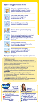 Żółto-biały panel Bebiko 1 nutriFLOR EXPERT: instrukcja przygotowania mleka początkowego dla niemowląt, z ikonami.