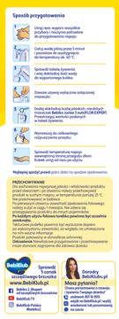 Instrukcja przygotowania mleka Bebiko Junior 3 nutriFLOR EXPERT, diagram 7 kroków, biało-żółte tło.