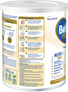 Tył puszki Bebiko NUTRIflor PRO+ 4 mleko modyfikowane, białe opakowanie z niebiesko-złotą etykietą, widoczne instrukcje.