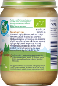 Tył słoiczka HiPP BIO Naleśniczki z musem jabłkowym, zielona etykieta z instrukcją, certyfikatem eko i wagą 190g.