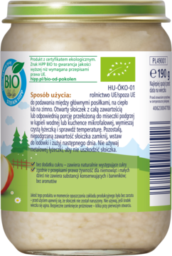 Tył słoiczka HiPP BIO Ryż mleczny z jabłkami, zielona etykieta z certyfikatami, instrukcją i wagą 190g.