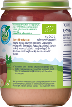 Tył słoiczka HiPP BIO, ekologiczny posiłek z kaszką manną i owocami. Zielona etykieta PL z logo BIO, info bez cukru.
