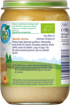 Tył ekologicznej kaszki mannej HiPP BIO dla niemowląt, widoczny opis składników i sposób użycia.