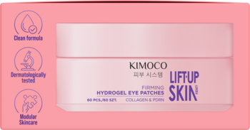 Kimoco Lift Up Skin Firming Hydrogel Eye Patches Collagen & PDRN w różowym pudełku, widok z przodu na słoiczek.