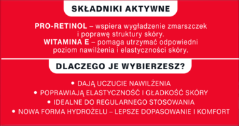 Czerwona grafika z opisem składu i działania płatków hydrożelowych pod oczy z retinolem i witaminą E.