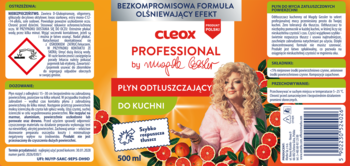 Etykieta Cleox Professional Płyn Odtłuszczający Do Kuchni 500ml z Magdą Gessler i grejpfrutami. Widoczne ostrzeżenia.