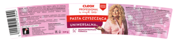 Różowa etykieta CLOOR PROFESSIONAL Pasta Czyszcząca Uniwersalna z wizerunkiem Magdy Gessler i kodem kreskowym.
