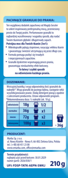 Tył opakowania perełek zapachowych Cleox by Magda Gessler. Widoczne instrukcje dozowania, dane producenta i waga 210g.