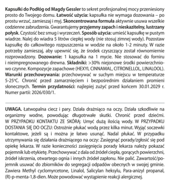 Biała etykieta kapsułek do podłóg Magdy Gessler z czarnym tekstem: instrukcje, skład, ostrzeżenia.