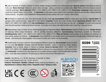 Widok tyłu kartonowego opakowania produktu Alba Mou z wielojęzycznymi ostrzeżeniami, kodem kreskowym i ikoną 0-3 lat.