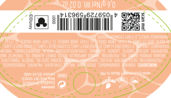 Tył etykiety produktu Disney w organicznym kształcie, pomarańczowo-różowe tło, widoczne składniki, kod kreskowy i logo Vegan.