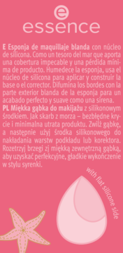 Różowa gąbka Essence do makijażu, kształt łezki z miękkim silikonowym rdzeniem i płaską stroną.