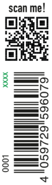 Cyfrowa etykieta z czarnym tłem. U góry kod QR z 'scan me!', pod nim zielone XXXX i pionowy kod kreskowy.