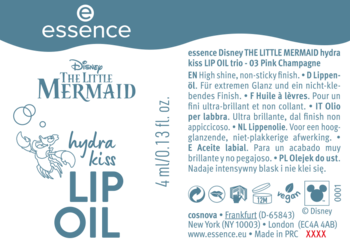 Essence The Little Mermaid Hydra Kiss Lip Oil, ciemnoniebieska etykieta z białym logo i nazwą produktu, 4 ml, widok z przodu.
