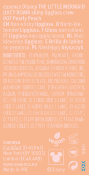 Tył etykiety błyszczyka Essence Disney Juicy Bomb 007 Pearly Peach ze składem INCI i informacjami.
