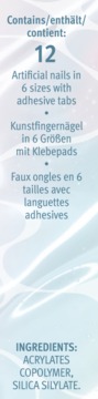 Opakowanie sztucznych paznokci: 12 sztuk w 6 rozmiarach z klejami, z tekstem o składnikach.