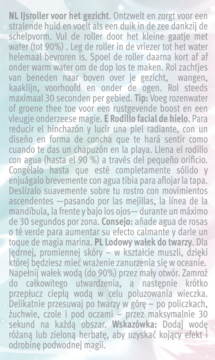 Lodowy wałek do twarzy w kształcie muszli. Opis produktu w językach PL, NL, ES. Rozmyte, jasne tło.