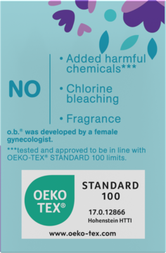 Tylna etykieta tamponów o.b. ExtraProtect. Widoczne "NO" dla chemikaliów, chloru, zapachów i certyfikat OEKO-TEX 100.