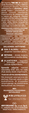 Tył brązowego opakowania żelu intymnego THE BIG O z białym tekstem. Widoczne składniki, sposób użycia, PETA i wegański.