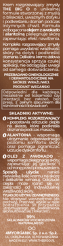 Etykieta kremu THE BIG O: opis, składniki aktywne (awokado, alantoina), weganski, 99% naturalnych.