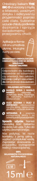 Etykieta polskiego balsamu chłodzącego THE BIG O 15ml do seksu oralnego, z opisem składu, na tle skóry.