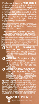 Etykieta perfum intymnych THE BIG O, brązowa, z polskim tekstem o składzie i certyfikatem PETA Approved.