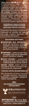 Zbliżenie na brązową etykietę olejku intymnego THE BIG O, widoczne składniki aktywne i logo PETA Approved.
