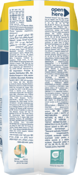 Tył białego opakowania chusteczek Pampers. Widoczny napis 'open here' i instrukcje w wielu językach, logo Sense TEAR.