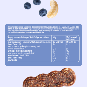Batonik zbożowy z borówkami i nerkowcami, zbliżenie na wzorzysty baton, tabelę odżywczą na fioletowym tle.