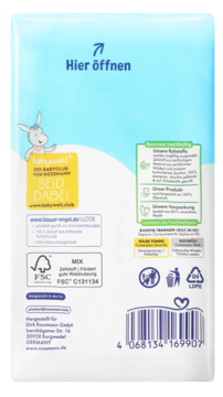 Tylne opakowanie pieluszek Babywelt, biało-niebieskie, z napisem Hier öffnen, certyfikatem FSC i symbolami recyklingu.